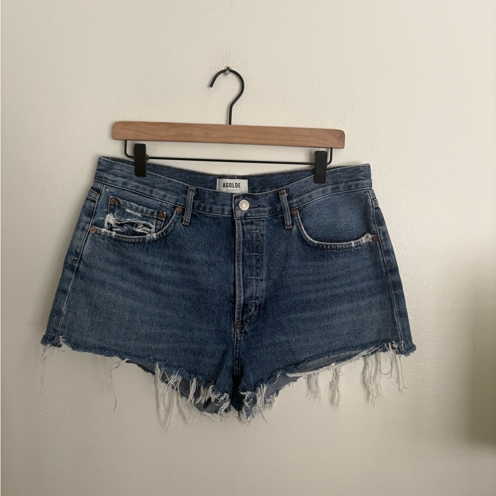 AGOLDE Distressed High Rise Cut Off Women's Blue Cotton Denim Shorts size 30 NWT